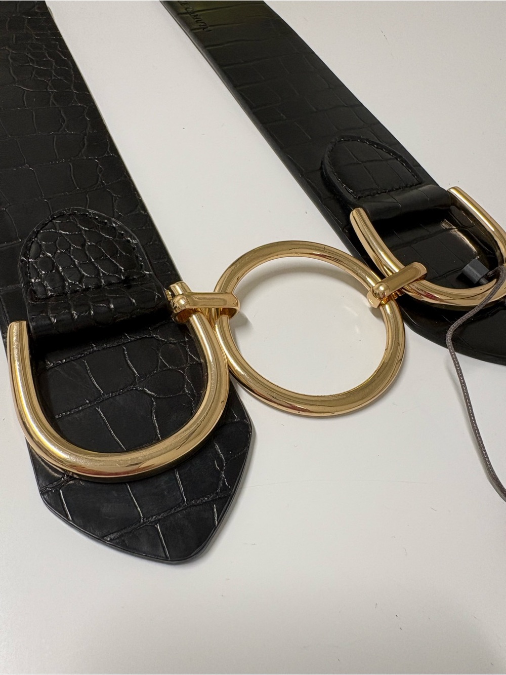 Vince Camuto Black Croc-Embossed Belt with Gold Ring